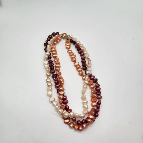 VTG 14/20 Gold Filled Clasp 3 Strand Red Peach Cream Pearl Statement Necklace - Picture 4 of 9
